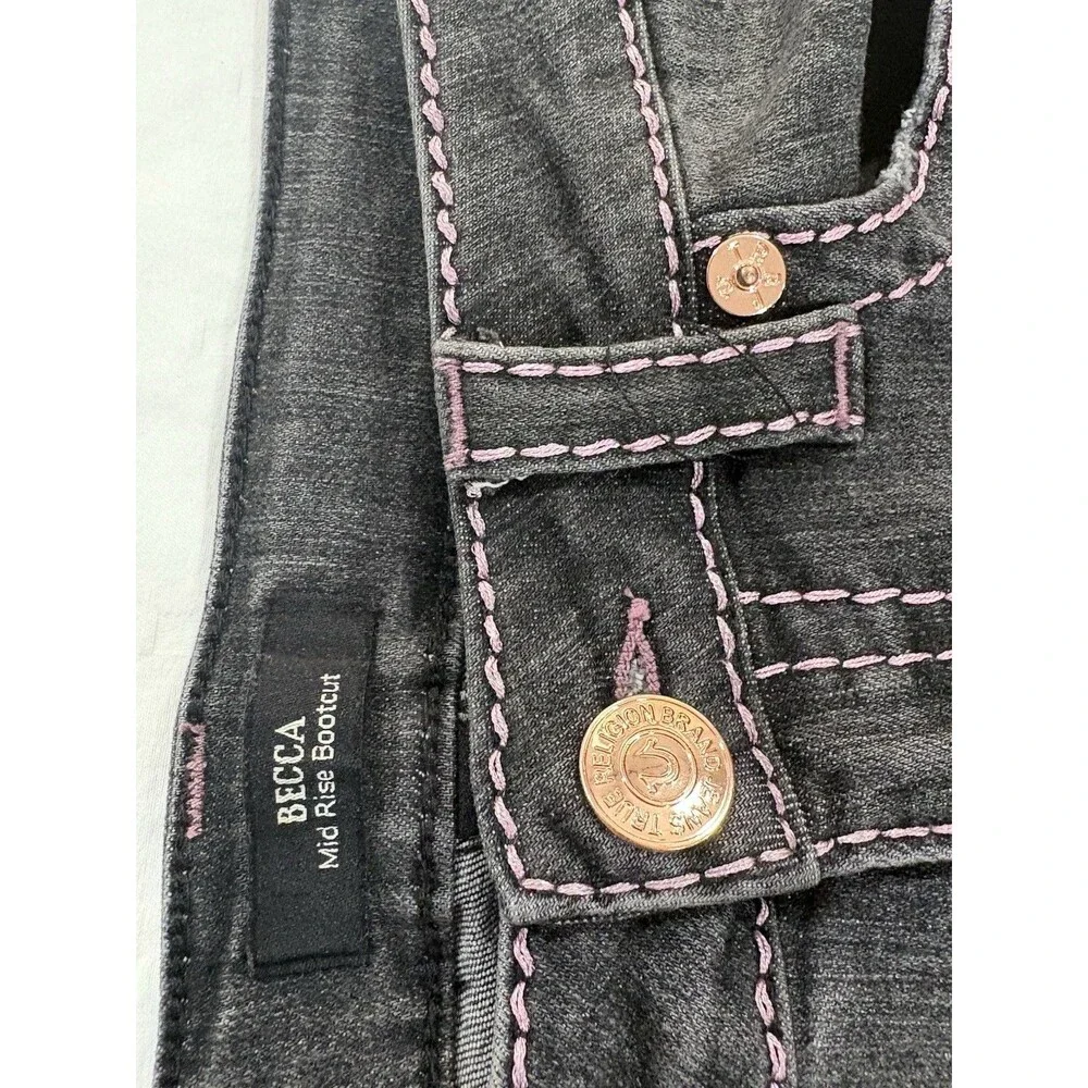 True Religion Becca Women Pink Big T Stitch Bootcut Jeans Washed Black Size 27